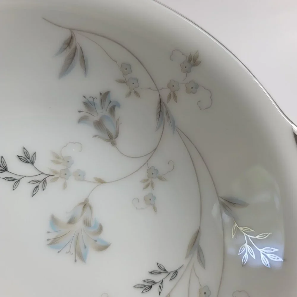 Noritake Valerie Lugged Soup Bowls Blue Gray Floral Platinum Trim #5812